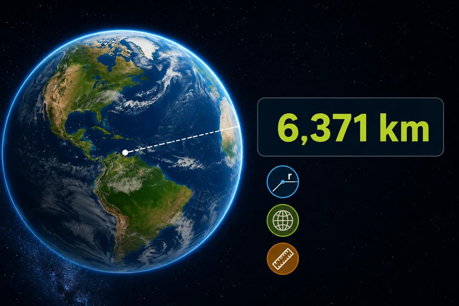 Illustration of Earth in space showing the Earth's average radius of 6,371 kilometers with a simple radius diagram.