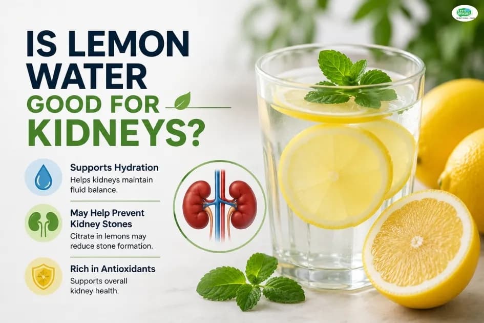 Lemon water in a glass with fresh lemon slices illustrating the benefits of lemon water for kidney health and hydration.