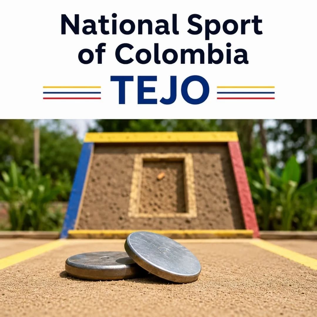 Square clean image showing Tejo, the national sport of Colombia, with metal discs and a traditional target court.