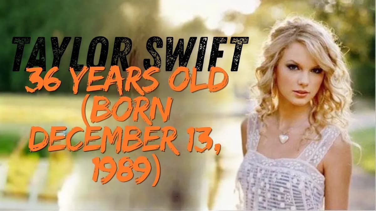 Modern music-themed infographic with microphone, vinyl, and notes stating Taylor Swift is 36 years old, born December 13, 1989.