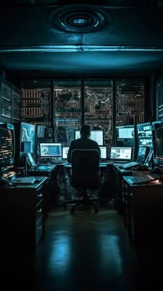 This contains: Hacking attempt in progress, stealthy, malicious, unauthorized, alert, darkened room, computer screens, hacker, cyber attack, real-time monitoring, digital forensics